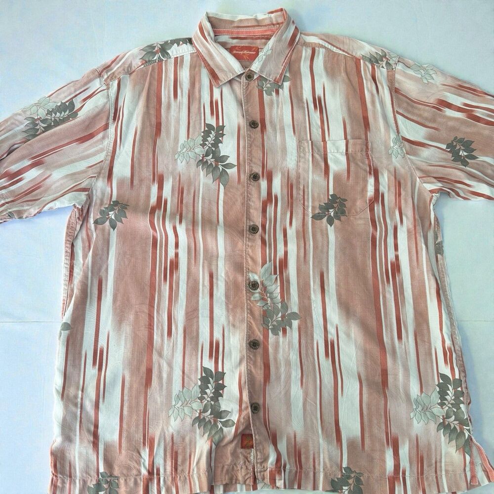 Tommy Bahama Silk‎ Shirt Mens Large Pink White Classic Floral Hawaiian Tropical